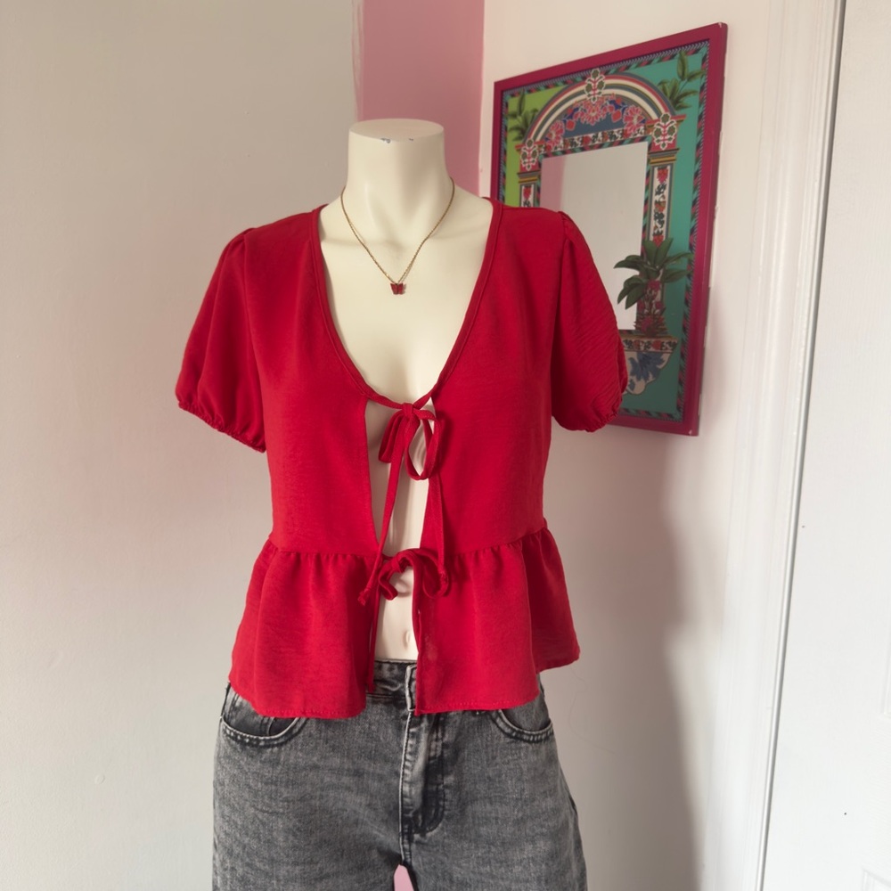 Saints Red Short Sleeve Tie Up Peplum Cardigan Top